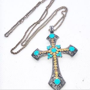 Vintage Jewelry - Vintage Turquoise Rhinestone Cross Necklace Vintage Jewelry - Vintage Turquoise Rhinestone Cross Necklace
